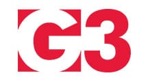 A red and white logo for g 3