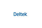 A blue and white logo of deltek