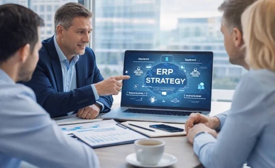 ERP project management professionals discussing with clients in an office.