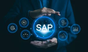 Hands presenting glowing SAP technology icons