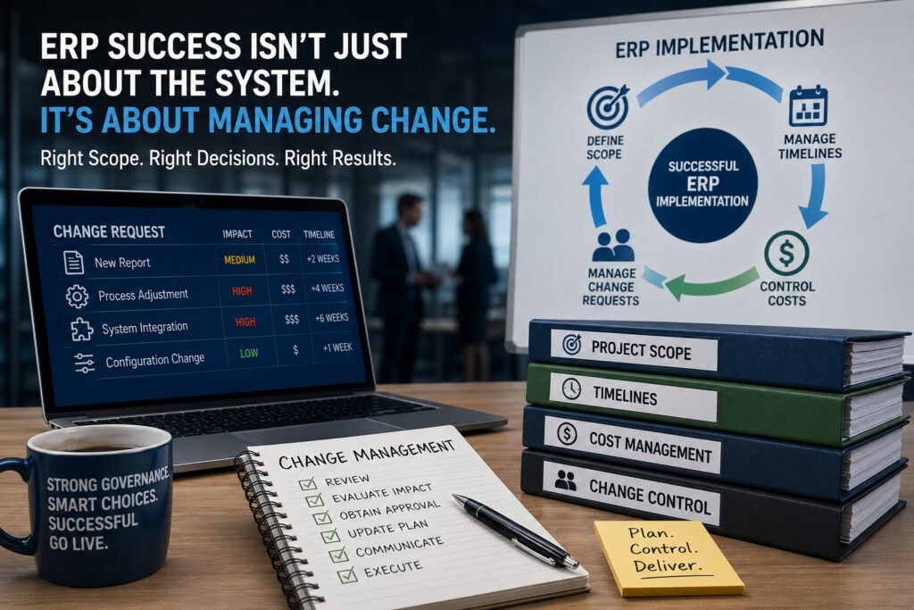 Desk with ERP implementation materials, change management