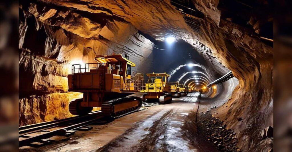 Tracked mining vehicles in illuminated underground tunnel