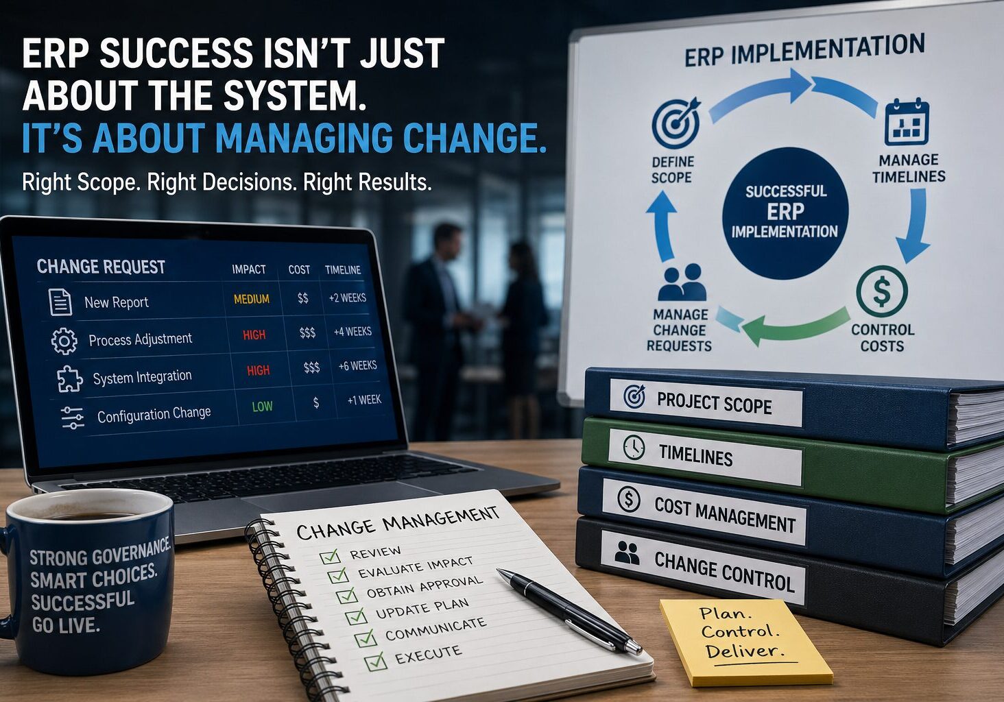 Desk with ERP implementation materials, change management