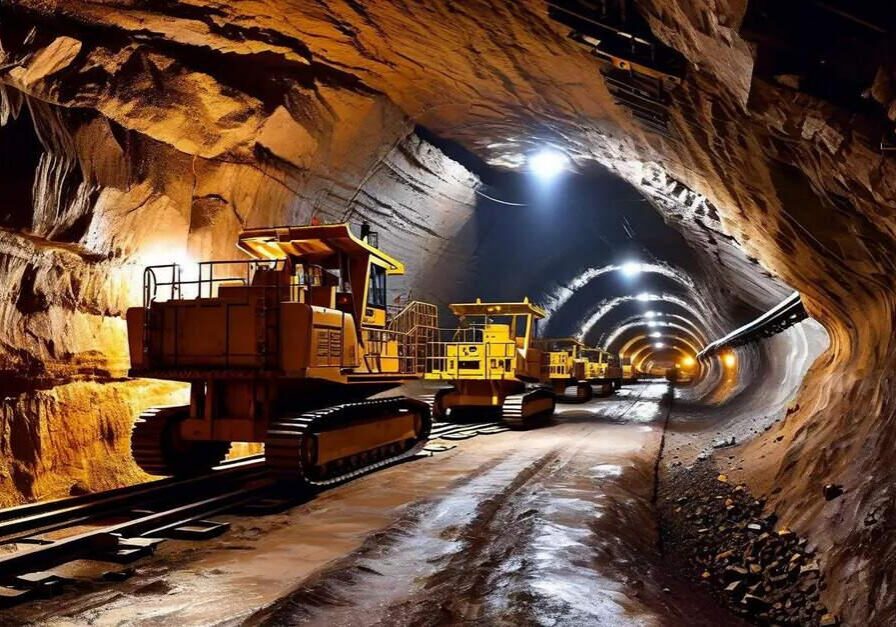 Tracked mining vehicles in illuminated underground tunnel