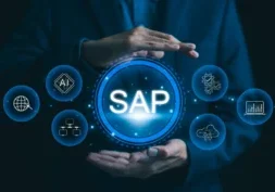 Hands presenting glowing SAP technology icons